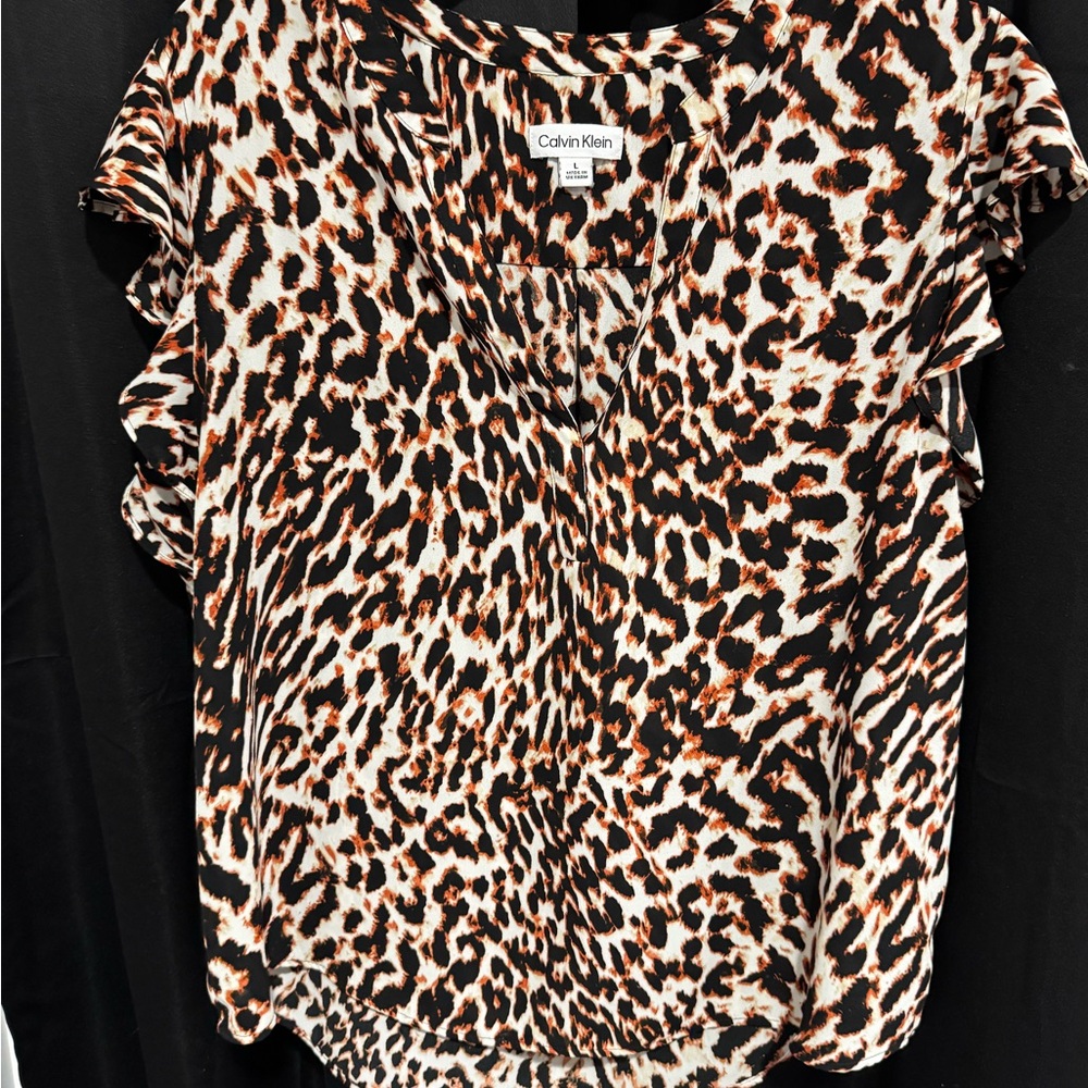 Calvin Klein Leopard Print Ruffle Sleeve‎ Blouse – Size L